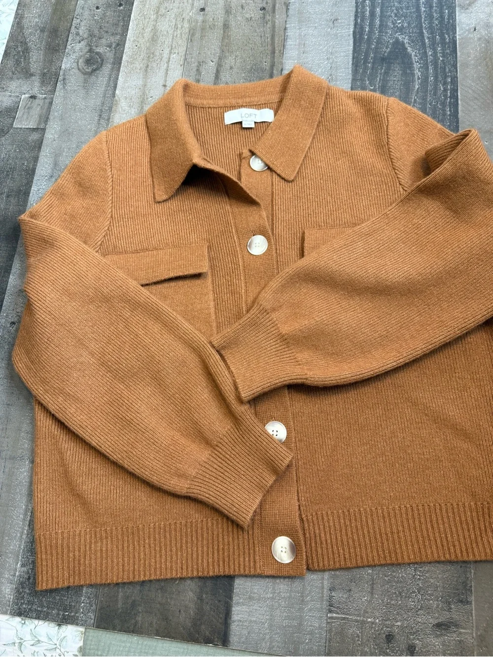 LOFT Chunky Ribbed Knit Collared Rust Button-Front Pocket Cardigan size XL